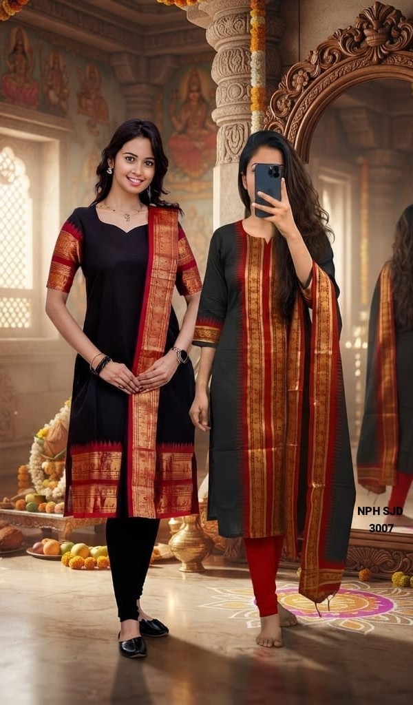 Traditional Kanchi Border Silk Cotton Kurti Set